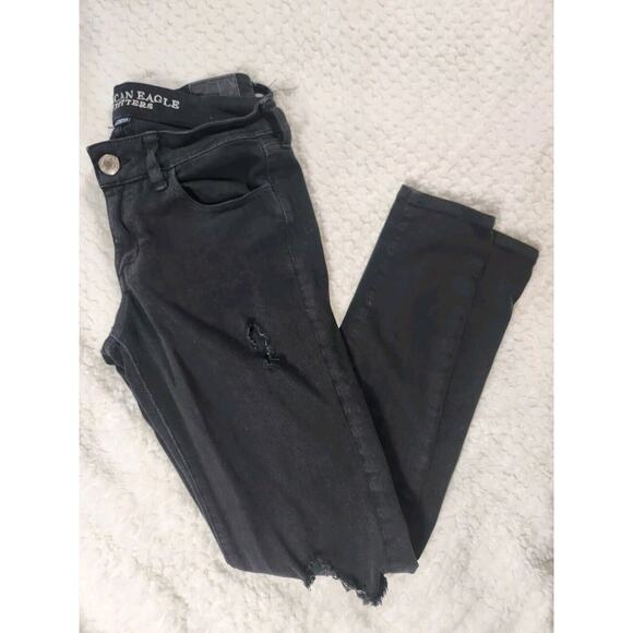 Sz 4 Black American Eagle Womens Jeans Size Four Regular Jegging Distressed - Picture 1 of 6
